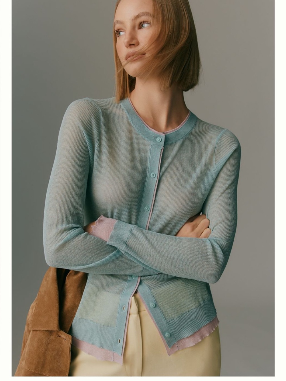 Maeve byAnthropologie Mint Green Button-Front Women's Sweater with Pink Trim